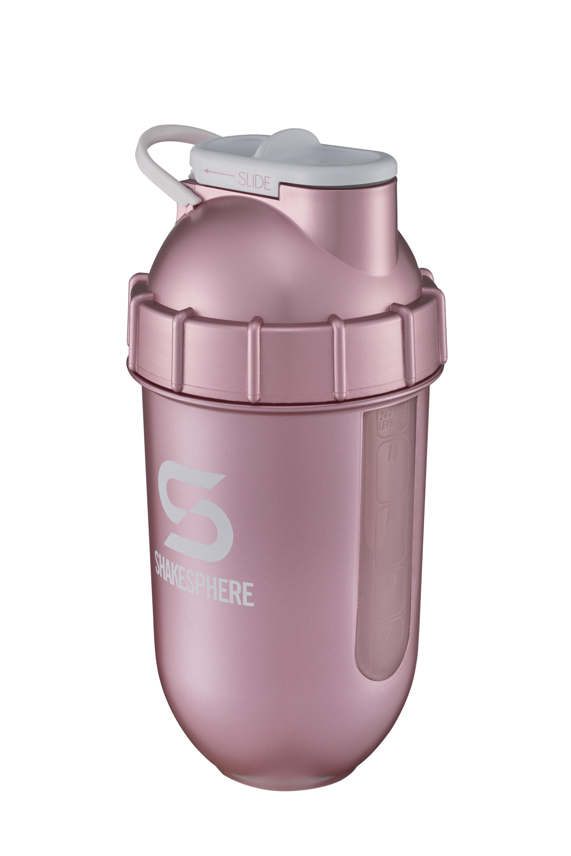 Protein shaker bottle 24.6 Fl Oz ShakeSphere Tumbler View Rose Gold/White Logo/Clear Window