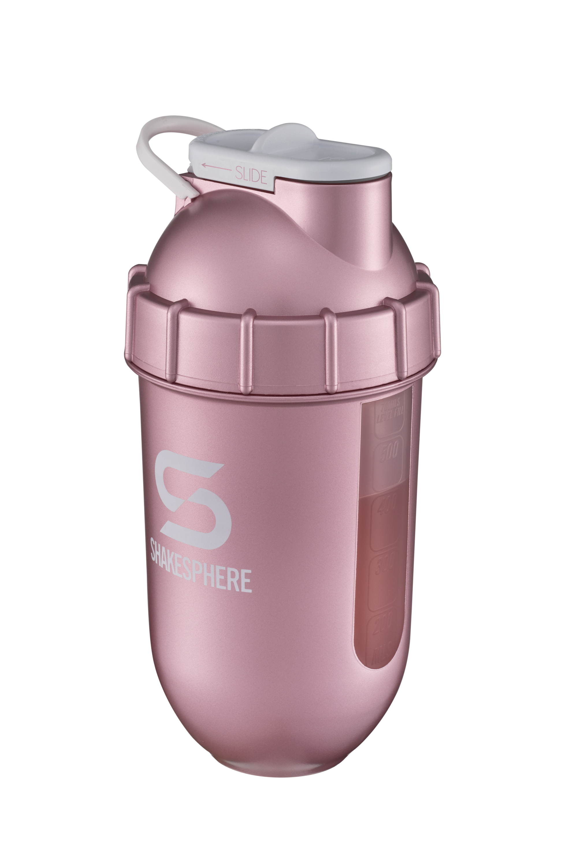 Protein shaker bottle 24.6 Fl Oz ShakeSphere Tumbler View Rose Gold/White Logo/Clear Window