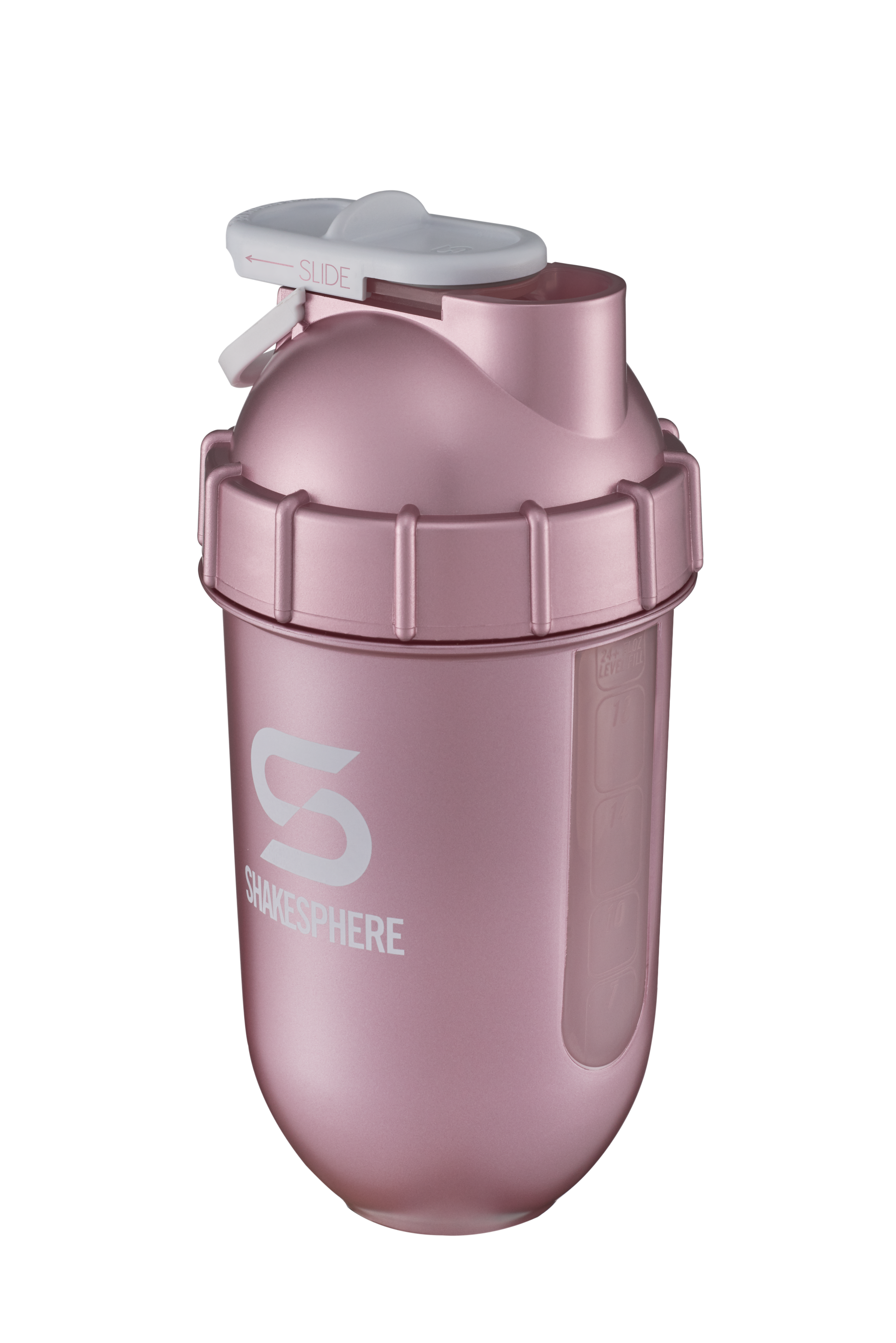 Protein shaker bottle 24.6 Fl Oz ShakeSphere Tumbler View Rose Gold/White Logo/Clear Window