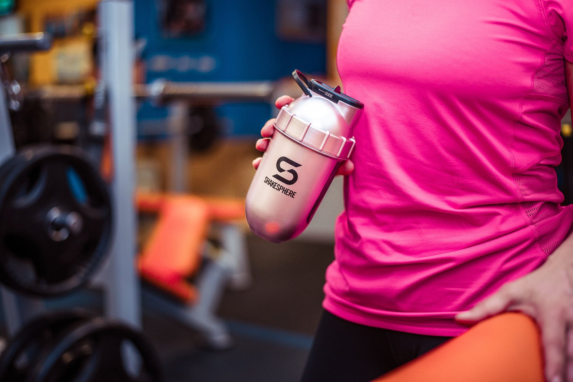 Protein shaker bottle 700mls "Tumbler View" Rose Gold/Black Logo/Black Window